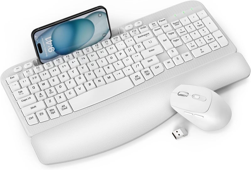 EAYBLLY Wireless Keyboard and Mouse Combo, Wave Keys Full-Sized Ergonomic Keyboard with Cushioned Plam Rest, Phone Holder, Comfortable Natural Typing, 2.4G Cordless Set for Computer, Laptop, PC, Mac, Windows - Image 1